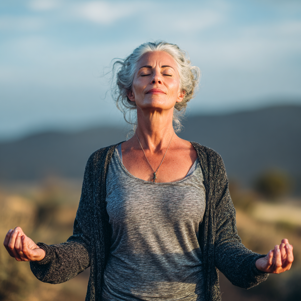 Mature woman practicing peaceful yoga pose outdoors