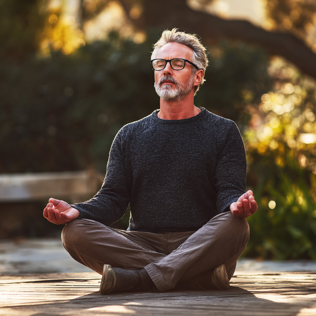 Middle-aged person in meditation pose surrounded by natural elements
